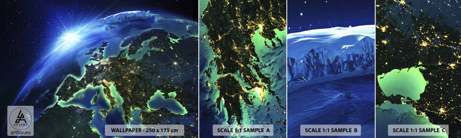Mostră de Tapet Standard Eco - O Europă scânteietoare - Cosmos, Planeta Pământ, Continente - 100x30 cm