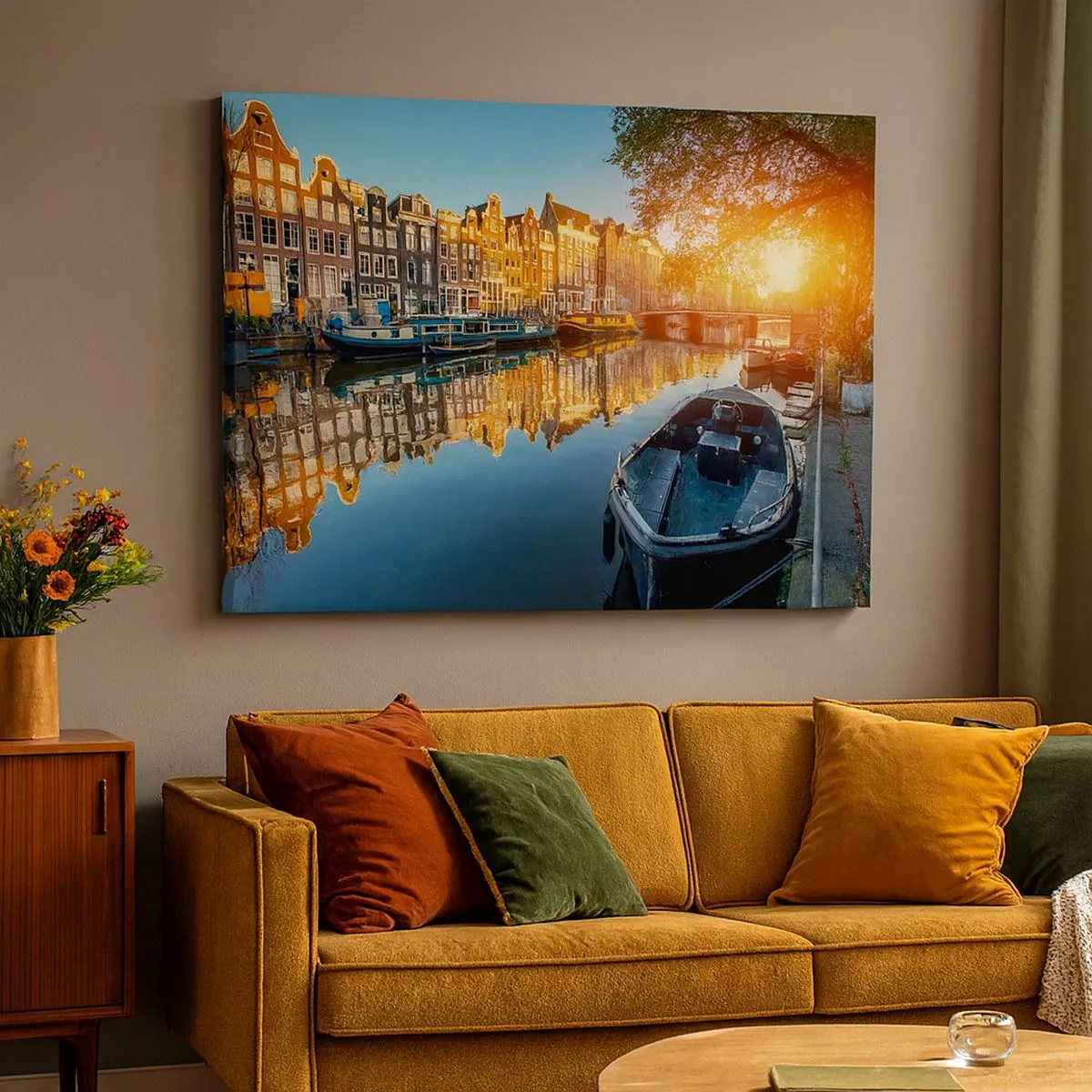 Tablou pe pânză Canvas - Canalul din Amsterdam la apus - 70x50cm - Dimineața în Amsterdam - Decorațiune modernă pentru perete pentru living și dormitor ARTTOR