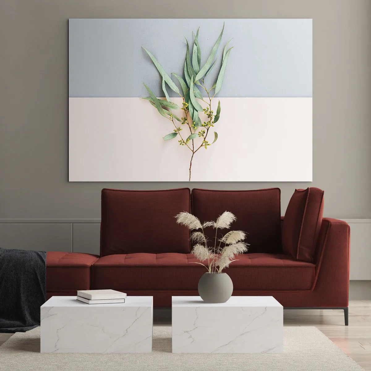 Tablou pe sticlă - O crenguță de eucalipt pe un fundal pastel - 70x50cm - Subtilitate pastelată - Decorațiune modernă pentru perete pentru living și dormitor ARTTOR