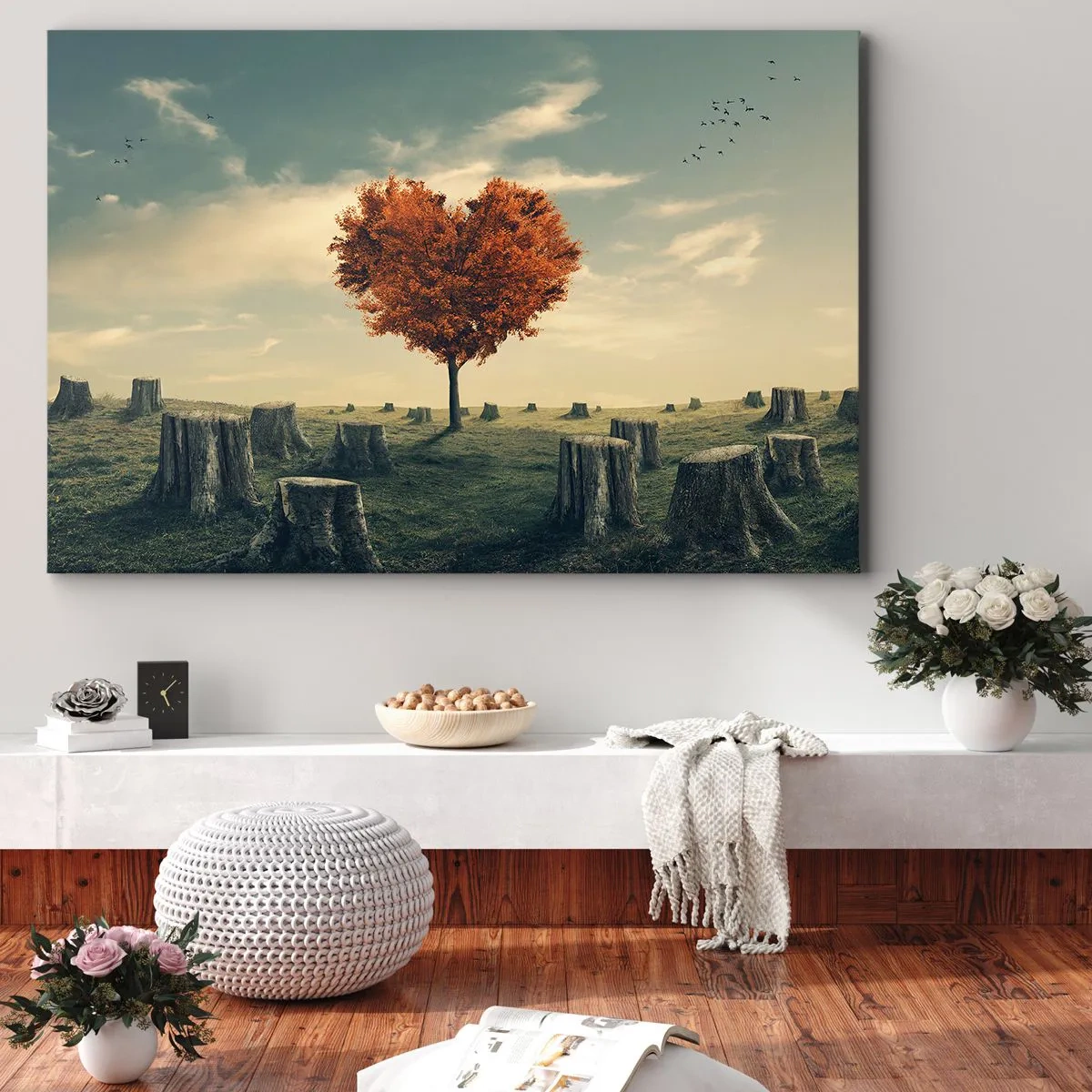 Tablou pe pânză Canvas - Un copac în formă de inimă într-un câmp de cioturi, simbol al speranței - 70x50cm - Încă mai există speranță - Decorațiune modernă pentru perete pentru living și dormitor ARTTOR