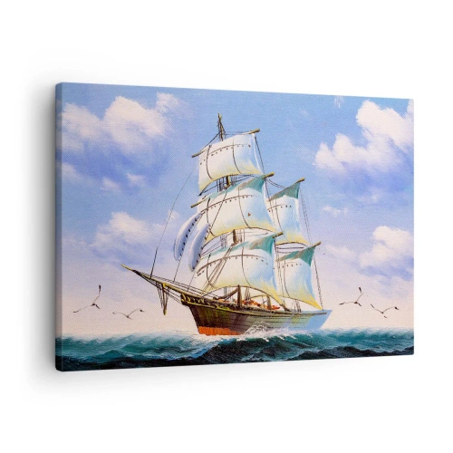 Tablou pe pânză Canvas - O navă cu pânze pe marea deschisă sub un cer albastru - 70x50cm - Cu mândrie în vânt - Decorațiune modernă pentru perete pentru living și dormitor ARTTOR