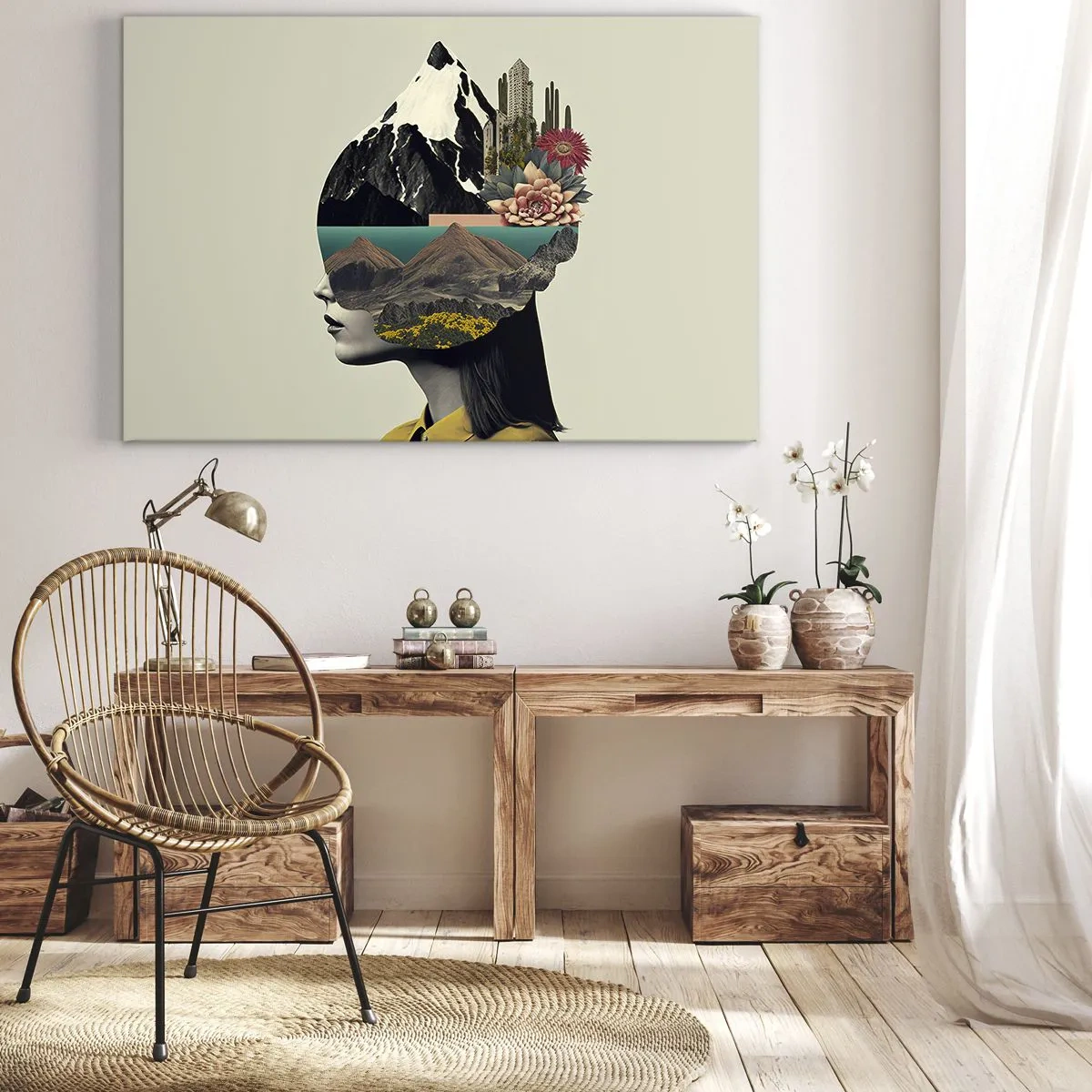 Tablou pe pânză Canvas - Colaj cu o femeie cu un peisaj montan și flori - 70x50cm - Femeia - întotdeauna un mister - Decorațiune modernă pentru perete pentru living și dormitor ARTTOR