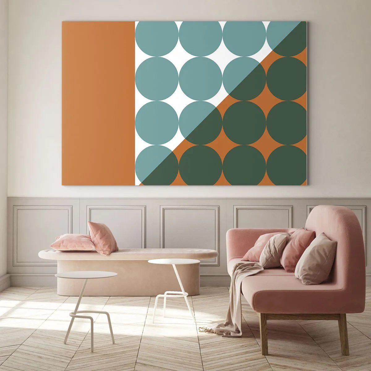 Tablou pe sticlă - Compoziție geometrică abstractă cu cercuri și un triunghi - 70x50cm - Sus și pe diagonală - Decorațiune modernă pentru perete pentru living și dormitor ARTTOR