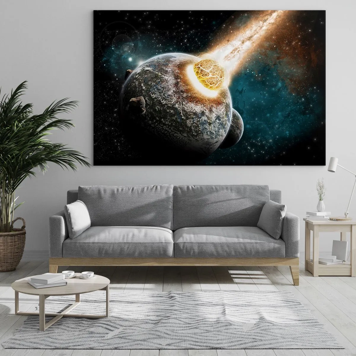 Tablou pe sticlă - O planetă care se ciocnește cu un meteorit - 70x50cm - Anihilare sau naștere? - Decorațiune modernă pentru perete pentru living și dormitor ARTTOR