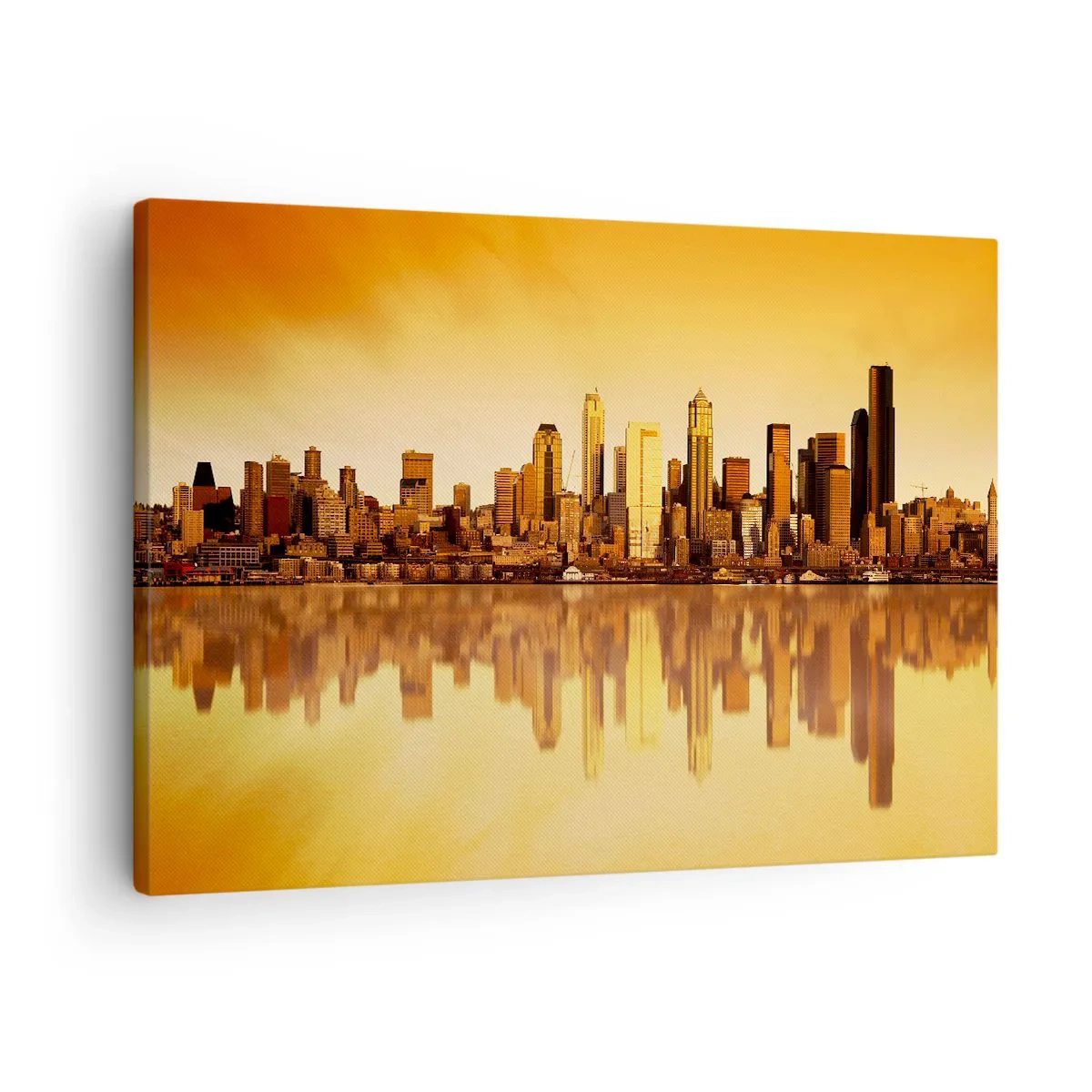 Tablou pe pânză Canvas - Panorama orașului reflectată în apă la apus - 70x50cm - Liniștea metropolei - Decorațiune modernă pentru perete pentru living și dormitor ARTTOR