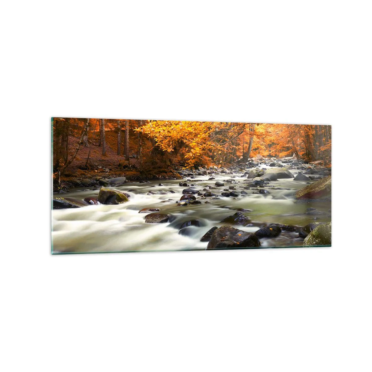 Tablou pe sticlă - Un pârâu într-o pădure de aur - 120x50 cm