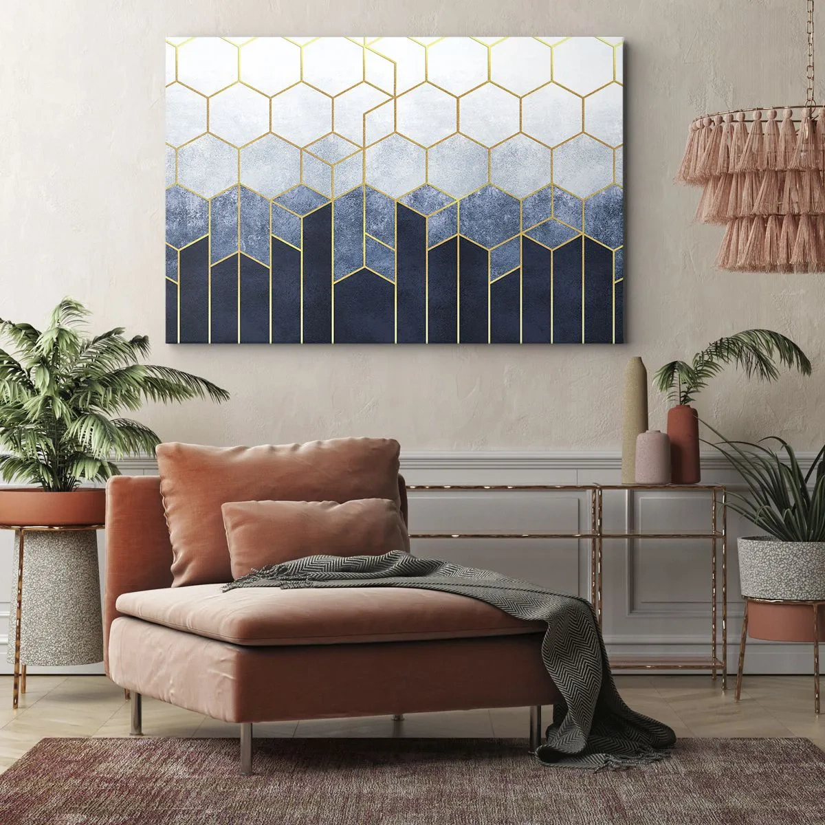 Tablou pe pânză Canvas - Model geometric în nuanțe de auriu și albastru marin - 70x50cm - Compoziție în ritm sincopat - Decorațiune modernă pentru perete pentru living și dormitor ARTTOR