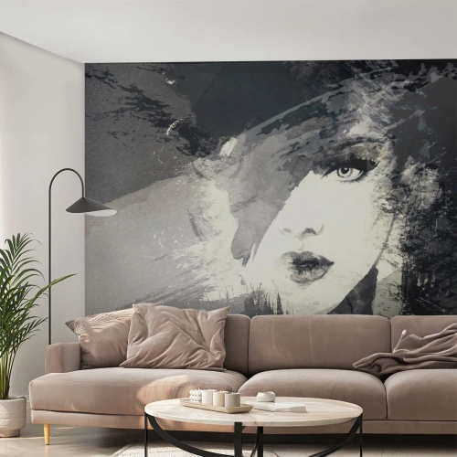 Tapet Premium Canvas - Din spatele unui voal gri - Chipul de femeie, alb-negru, Ochi - 250x175 cm