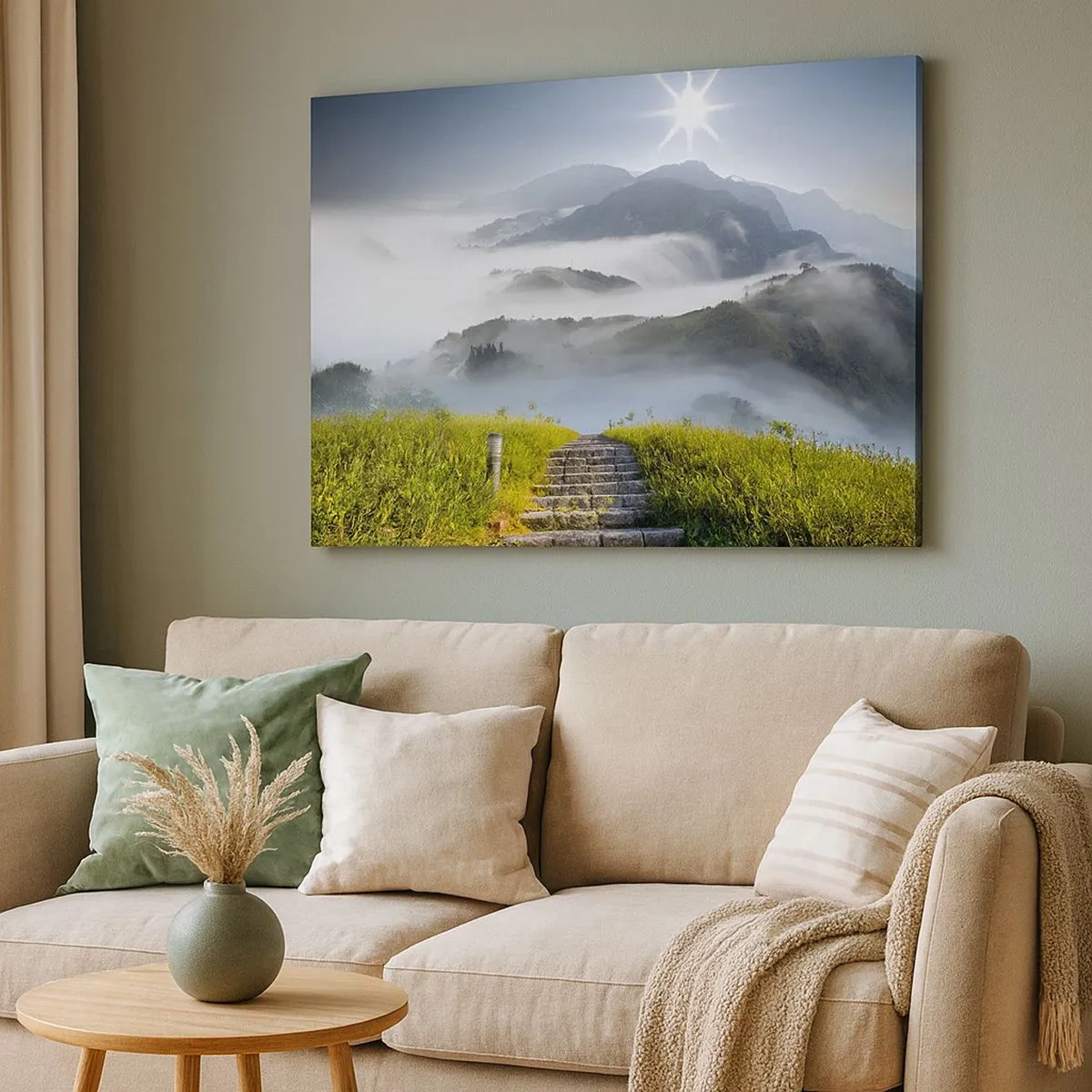 Tablou pe pânză Canvas - Scări de piatră care duc prin munții învăluiți în ceața dimineții - 70x50cm - Tot spre nori - Decorațiune modernă pentru perete pentru living și dormitor ARTTOR