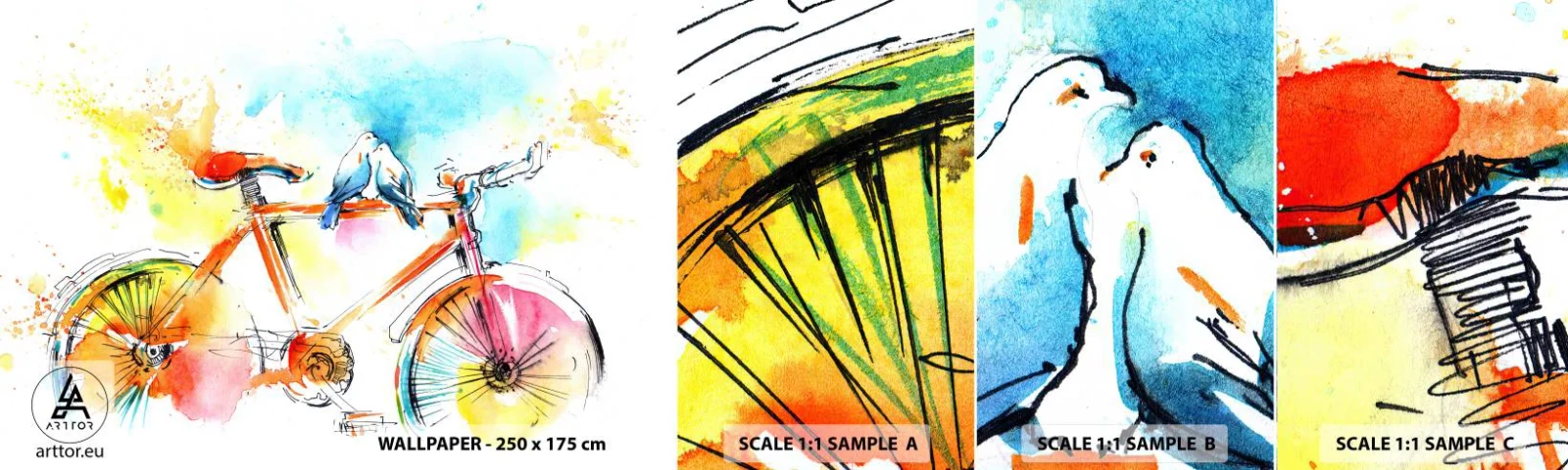 Mostră de Tapet Standard Eco - Doi pe o bicicletă - Abstracția, Bicicleta, Păsări - 100x30 cm