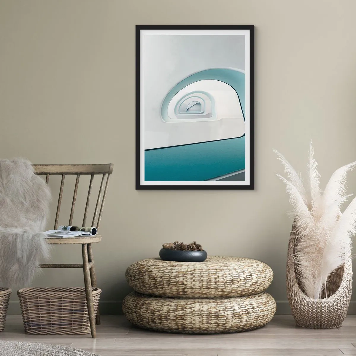 Poster în ramă neagră - Linii curbate moderne și structuri arhitecturale în culori strălucitoare - 50x70cm - Până la fundul albastrului - Decorațiune modernă pentru perete pentru living și dormitor ARTTOR
