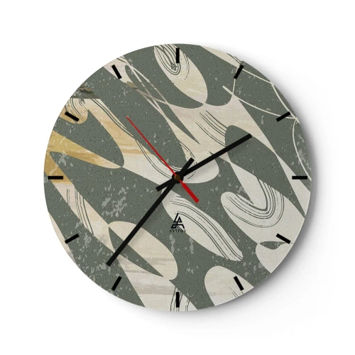 Ceas de perete - Ceas pe sticlă - Forme organice, ritmice pe un fundal măsliniu - 30x30cm - Abstracție ritmică - Decorațiune modernă pentru perete pentru living, bucătărie și dormitor ARTTOR