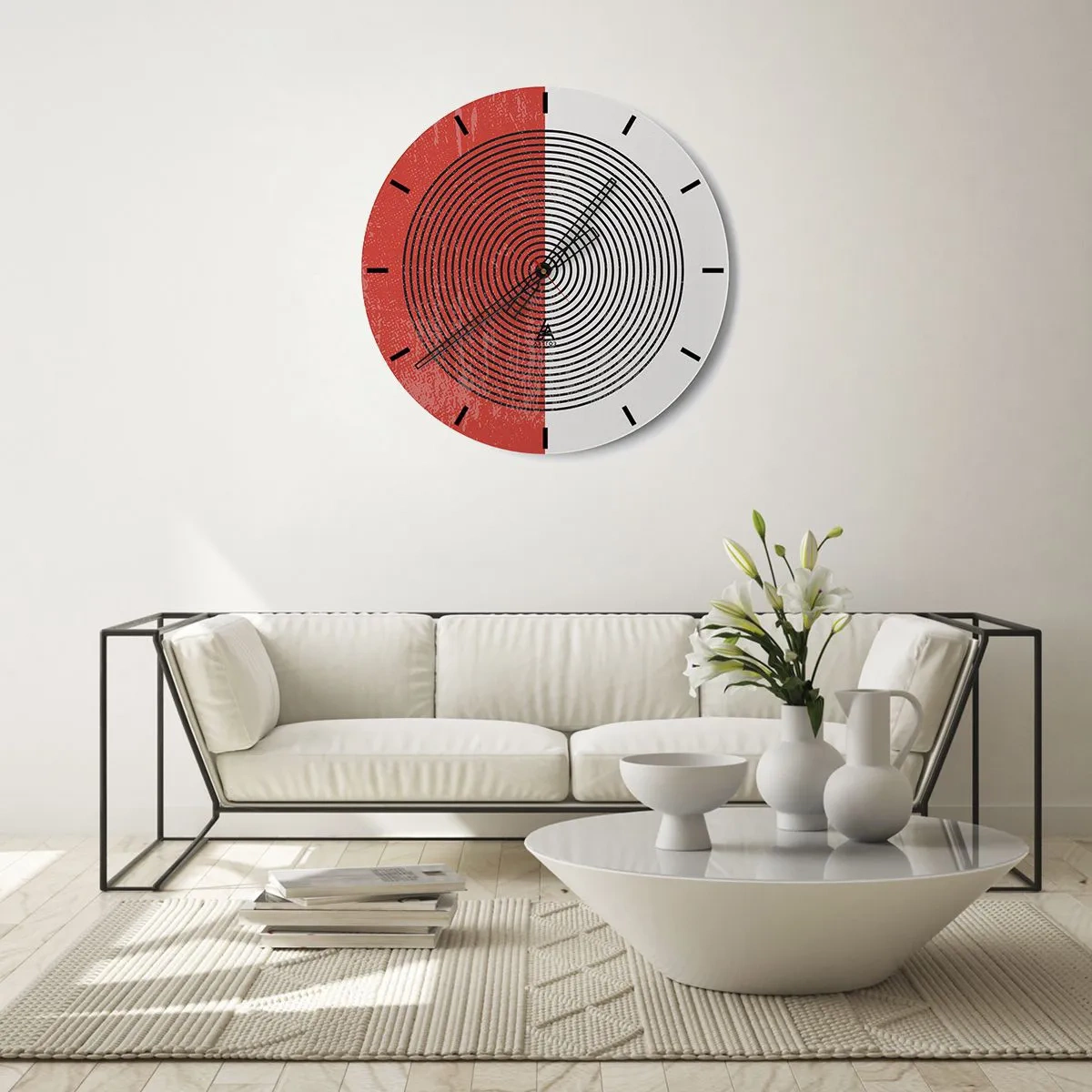 Ceas de perete - Ceas pe sticlă - Model spiralat minimalist pe un fundal divizat - 30x30cm - Direct la subiect - Decorațiune modernă pentru perete pentru living, bucătărie și dormitor ARTTOR