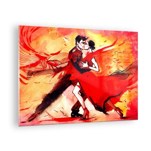 Tablou pe sticlă - Un cuplu dansând într-o compoziție dinamică roșie - 70x50cm - Ritmul pasiunii purpuriu - Decorațiune modernă pentru perete pentru living și dormitor ARTTOR