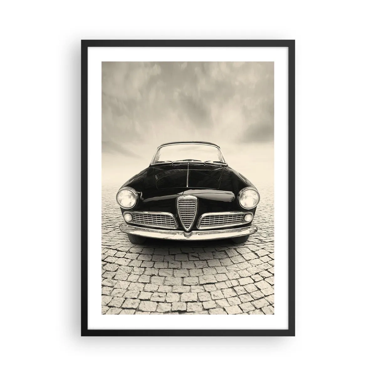 Poster în ramă neagră - Partea din față a unei mașini clasice pe o stradă pietruită - 50x70cm - Și cum să nu mă iubești? - Decorațiune modernă pentru perete pentru living și dormitor ARTTOR