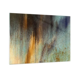 Tablou pe sticlă - Linii și pete abstracte în auriu, albastru și negru - 70x50cm - O compoziție cromatică neaccidentală - Decorațiune modernă pentru perete pentru living și dormitor ARTTOR