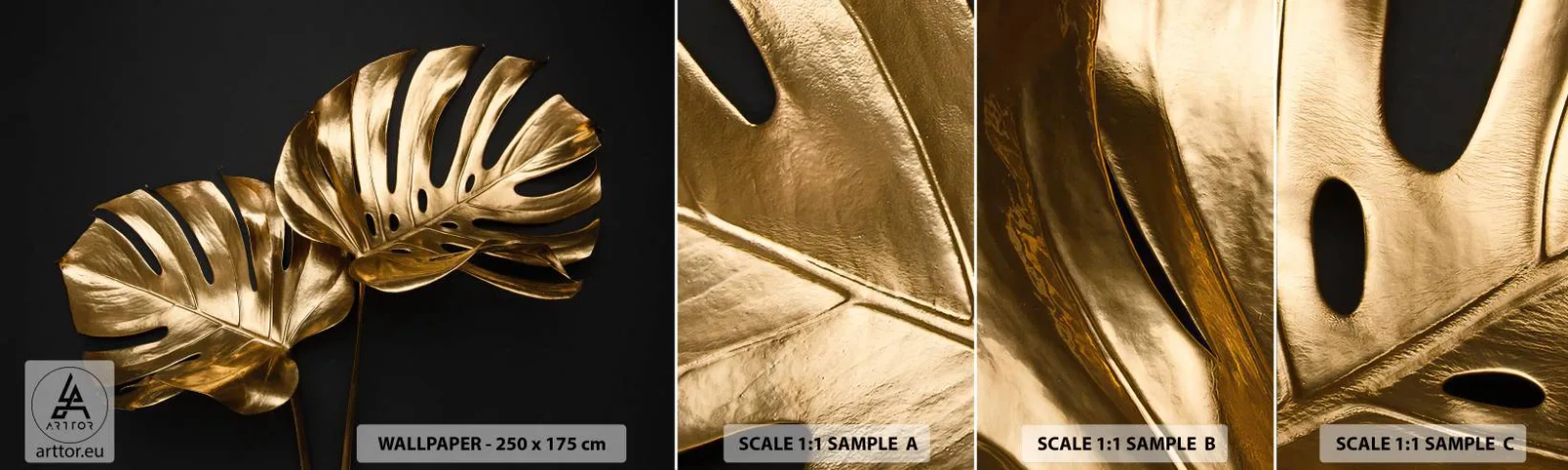 Mostră tapet autocolant Deluxe Sticker - Comorile naturii - Abstracția, Frunze aurii, Frunza de monstera - 100x30 cm