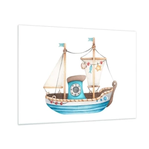 Tablou pe sticlă - Ilustrație a unei nave pentru copii pe fundal alb - 70x50cm - Ahoy aventura! - Decorațiune modernă pentru perete pentru living și dormitor ARTTOR