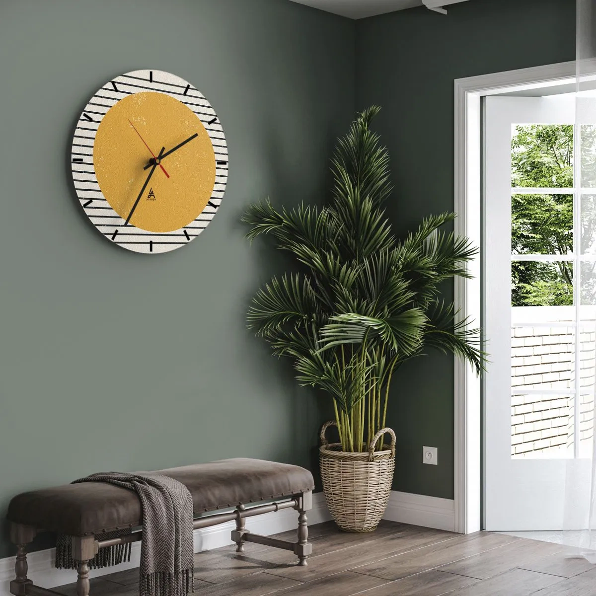 Ceas de perete - Ceas pe sticlă - Un cerc portocaliu pe un fundal de dungi albe și negre - 30x30cm - Puterea simplității - Decorațiune modernă pentru perete pentru living, bucătărie și dormitor ARTTOR
