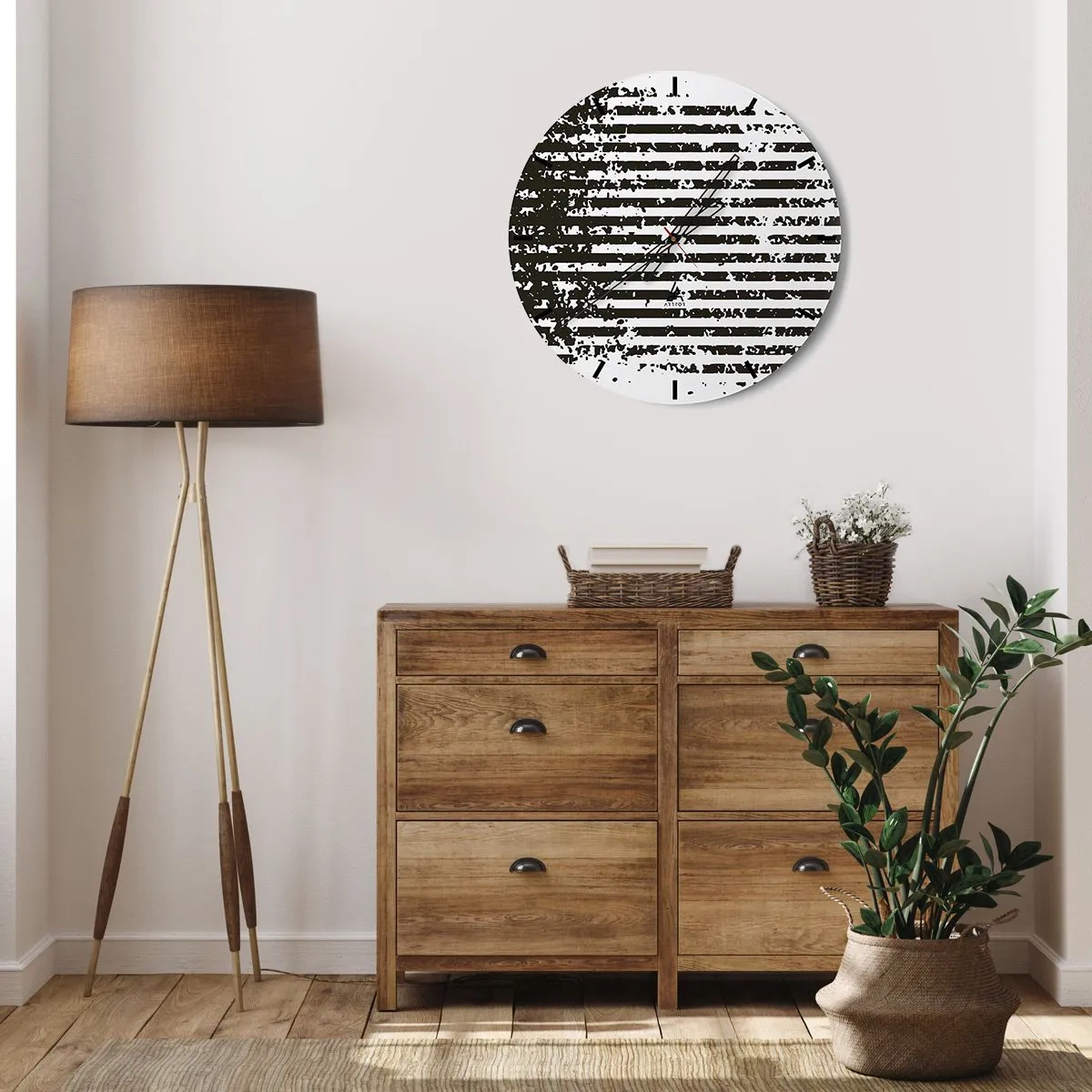 Ceas de perete - Ceas pe sticlă - Dungi orizontale alb-negre cu textură neregulată - 30x30cm - Ritm și zgomot - Decorațiune modernă pentru perete pentru living, bucătărie și dormitor ARTTOR