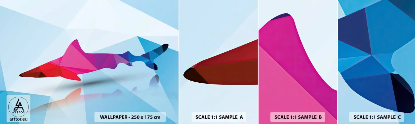 Mostră tapet autocolant Deluxe Sticker - Un rechin într-un spațiu cristalin - Animale, Rechin, Figura geometrică - 100x30 cm