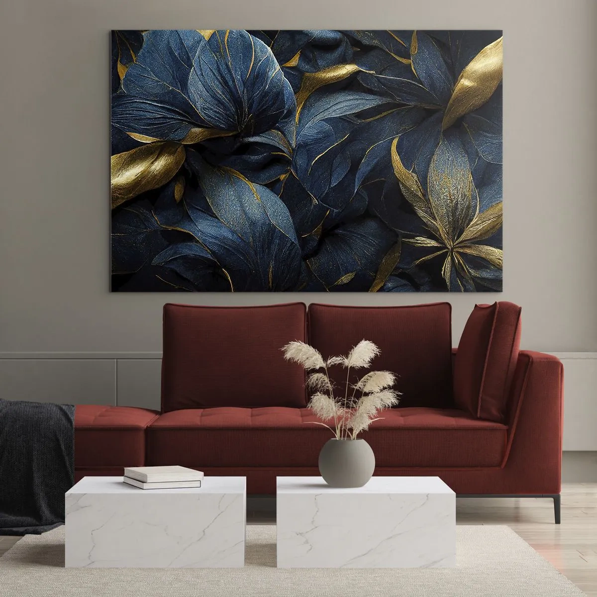Tablou pe sticlă - Frunze albastru închis cu accente subtile aurii - 70x50cm - Căptușită cu aur - Decorațiune modernă pentru perete pentru living și dormitor ARTTOR