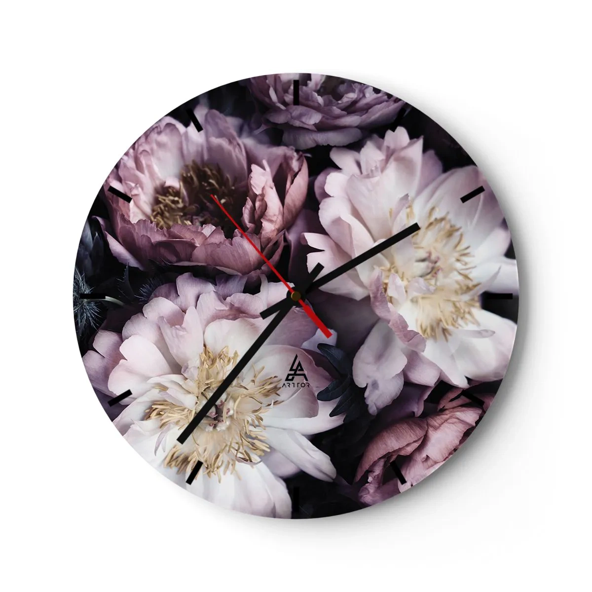 Ceas de perete - Ceas pe sticlă - Bujori roz și crem într-un aranjament dens și umbrit - 30x30cm - Buchet în stil vechi - Decorațiune modernă pentru perete pentru living, bucătărie și dormitor ARTTOR