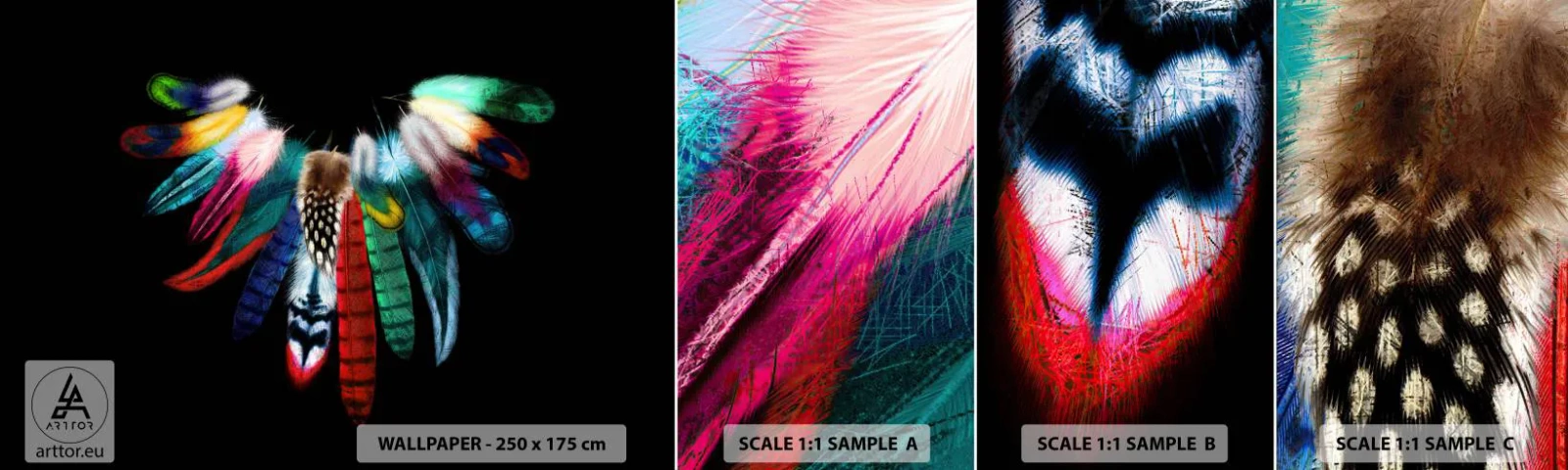 Mostră tapet autocolant Deluxe Sticker - Colier indian - Pene de pasăre, Boho, Grafică - 100x30 cm