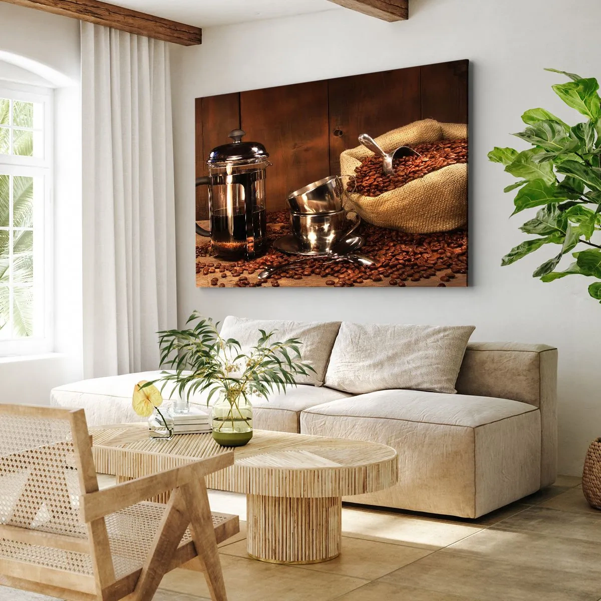 Tablou pe pânză Canvas - Presă franceză, cești și o pungă de cafea pe un fundal de lemn - 70x50cm - Magia cafelei - aromă și gust - Decorațiune modernă pentru perete pentru living și dormitor ARTTOR