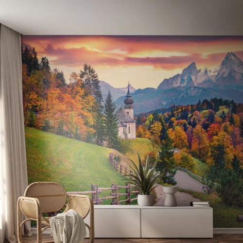 Tapet Premium Sand - Un peisaj ca o pictură - Peisaj montan, cale, Biserică - 200x140 cm