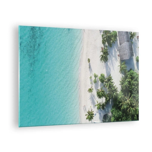 Tablou pe sticlă - O vedere de sus a unei plaje tropicale cu palmieri și o mare turcoaz - 70x50cm - Vacanță în paradis - Decorațiune modernă pentru perete pentru living și dormitor ARTTOR
