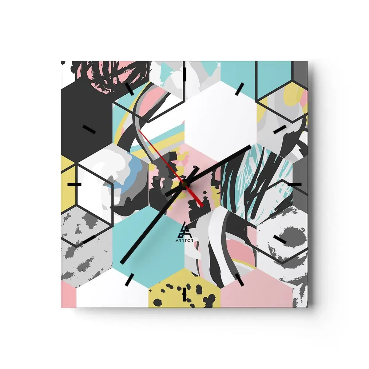 Ceas de perete - Ceas pe sticlă - Hexagoane și cuburi în șase culori - 40x40 cm
