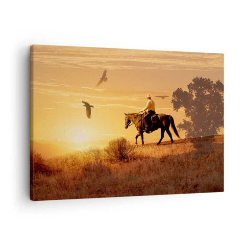Tablou pe pânză Canvas - Un călăreț pe un cal la apus, pe fundalul preriei - 70x50cm - Singur peste prerie - Decorațiune modernă pentru perete pentru living și dormitor ARTTOR