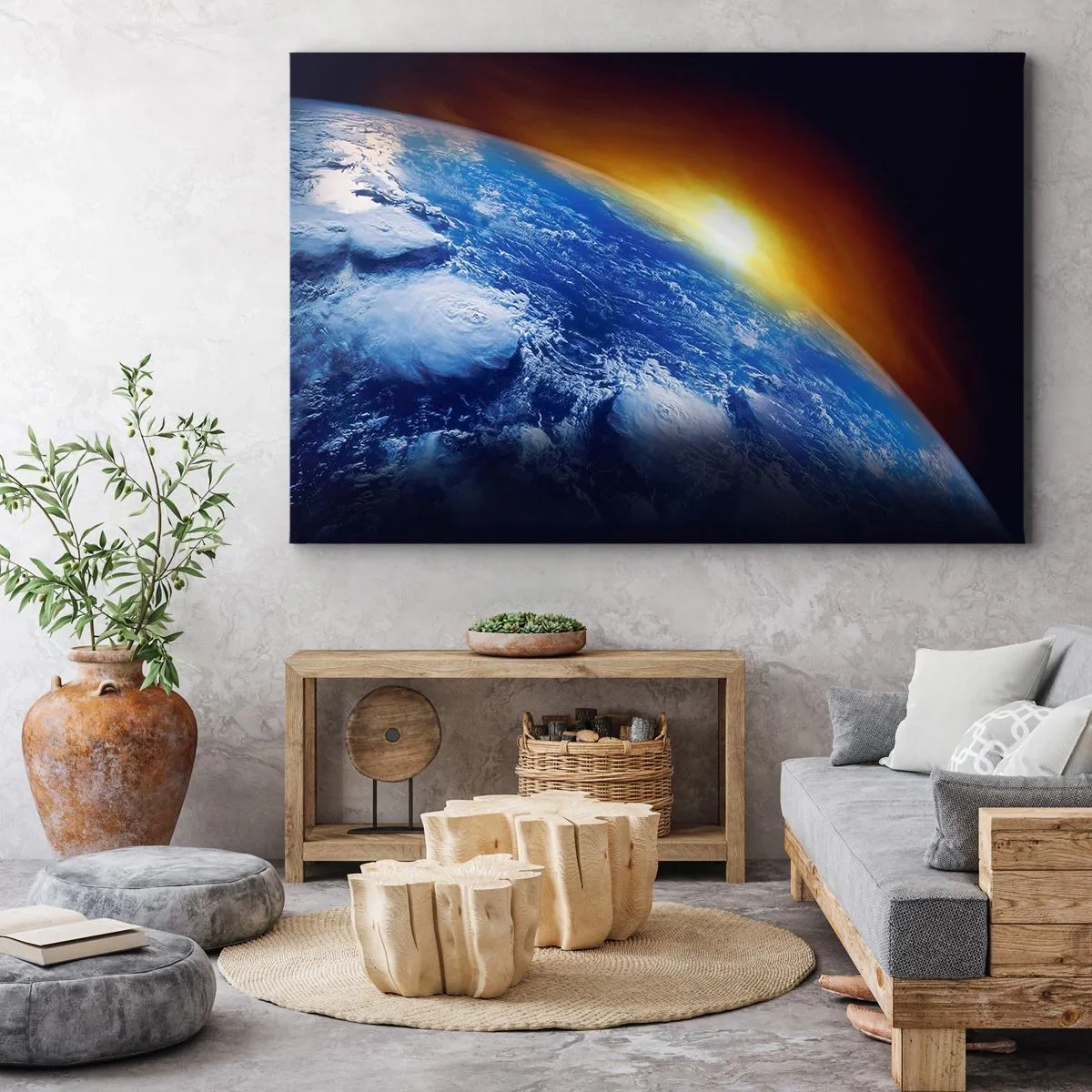 Tablou pe pânză Canvas - Vedere a Pământului din spațiu la apus - 70x50cm - Răsărit de soare deasupra planetei albastre - Decorațiune modernă pentru perete pentru living și dormitor ARTTOR
