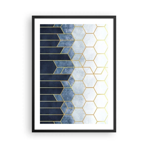 Poster în ramă neagră - Compoziție geometrică în nuanțe de albastru marin și auriu cu hexagoane - 50x70cm - Compoziție în ritm sincopat - Decorațiune modernă pentru perete pentru living și dormitor ARTTOR
