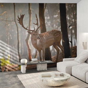 Tapet Standard Eco - O căprioară într-o pădure misterioasă în zori - 100x70cm - Lumina tinereții - Decorațiune modernă pentru perete pentru living și dormitor ARTTOR