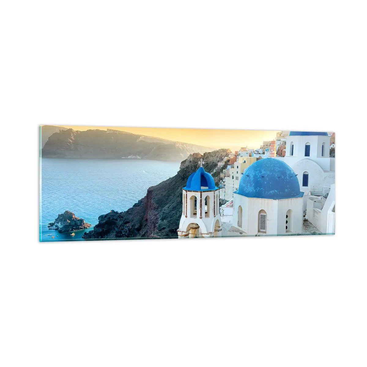 Tablou pe sticlă - Santorini - îmbrățișat de stânci - 90x30 cm