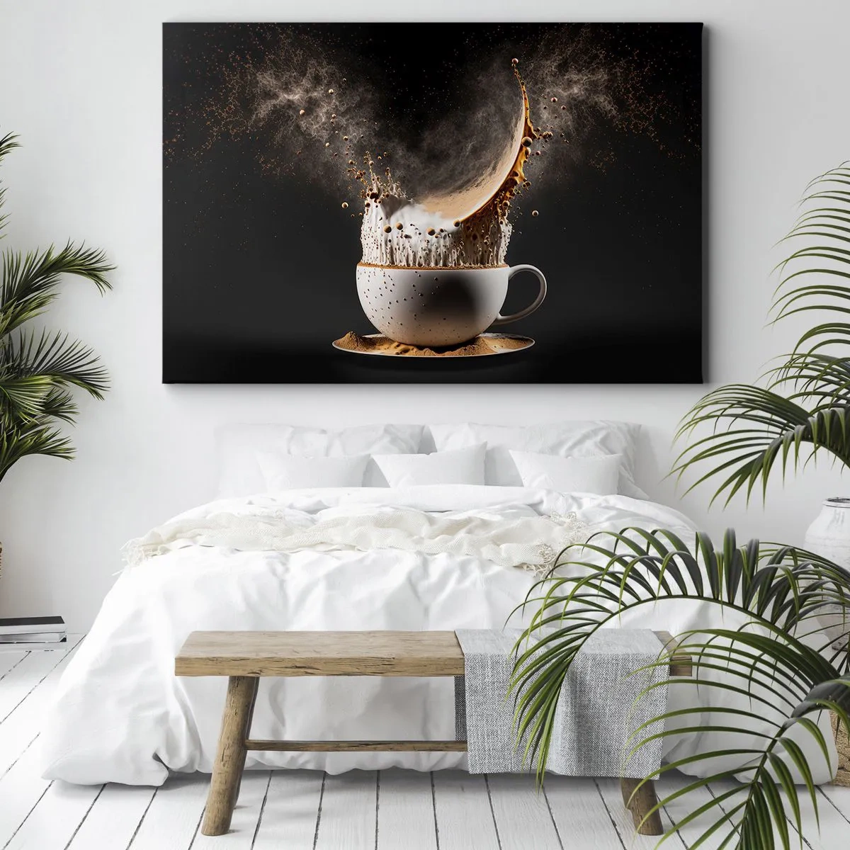 Tablou pe pânză Canvas - O ceașcă de cafea cu o explozie dinamică de lichid pe un fundal negru. - 70x50cm - O explozie de arome - Decorațiune modernă pentru perete pentru living și dormitor ARTTOR