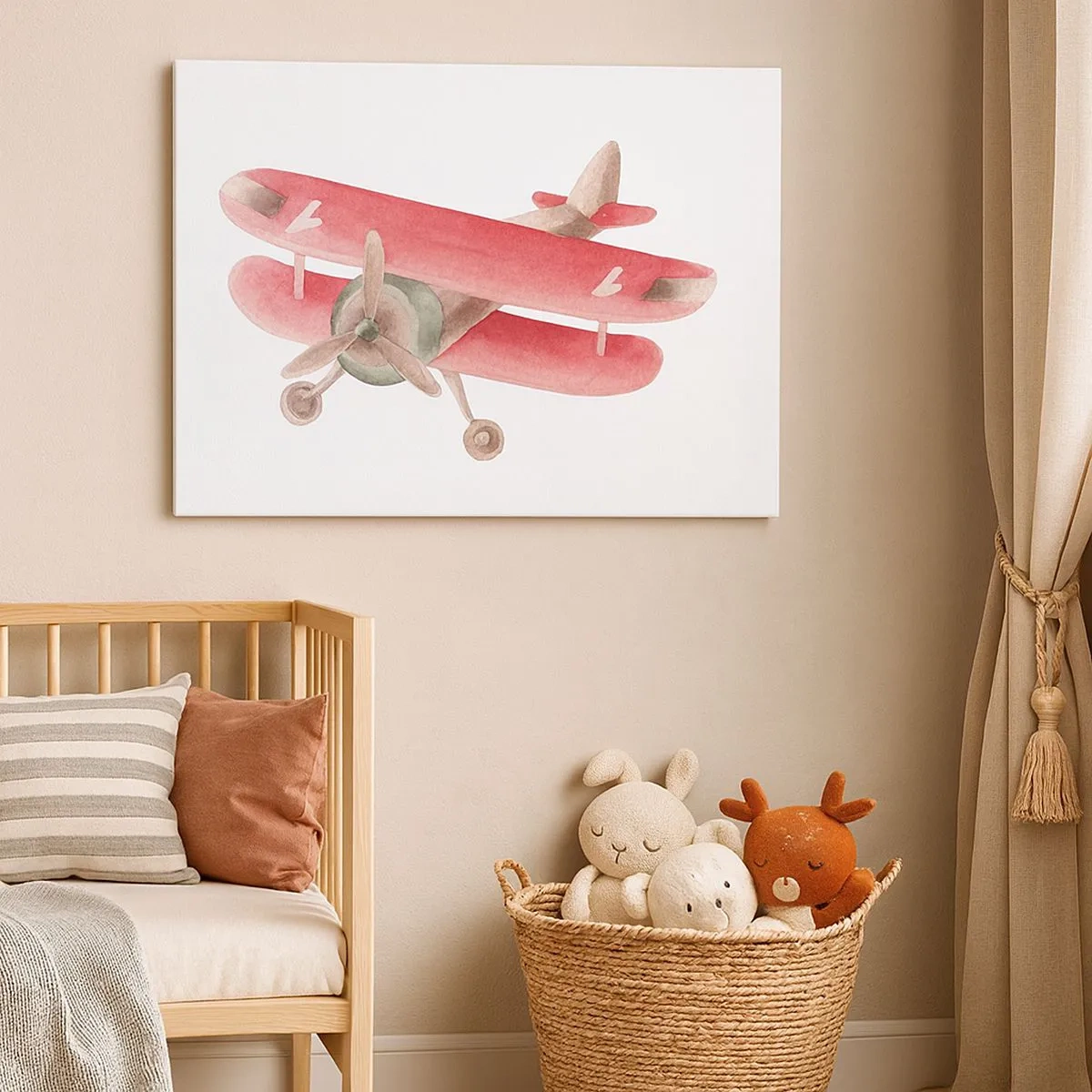 Tablou pe pânză Canvas - Avion retro roșu pe fundal alb - 70x50cm - Gata pentru zboruri la mare înălțime - Decorațiune modernă pentru perete pentru living și dormitor ARTTOR