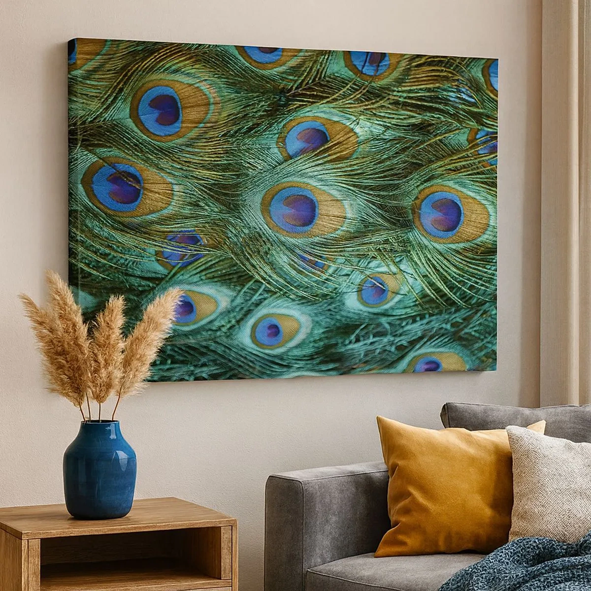 Tablou pe pânză Canvas - Detalii despre pene de păun în culori bogate - 70x50cm - O privire cu ochi de păun - Decorațiune modernă pentru perete pentru living și dormitor ARTTOR