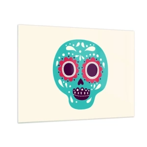 Tablou pe sticlă - Un craniu colorat decorat cu modele pe un fundal deschis - 70x50cm - Viața - distracție până la moarte - Decorațiune modernă pentru perete pentru living și dormitor ARTTOR