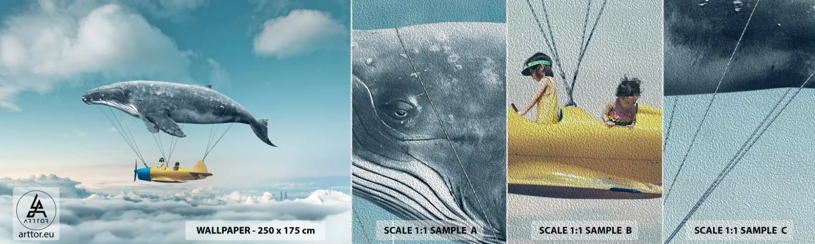 Mostră tapet Premium Sand - De ce nu? - Balenă, Copii, Avion - 100x30 cm