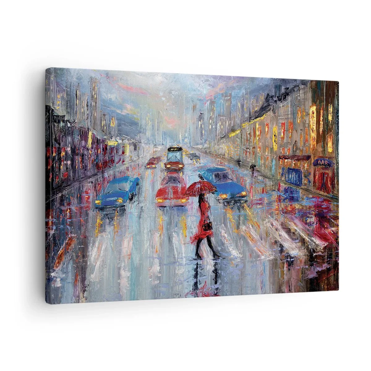 Tablou pe pânză Canvas - O femeie cu o umbrelă pe o stradă ploioasă, în lumina neonului. - 70x50cm - O după-amiază ploioasă în oraș - Decorațiune modernă pentru perete pentru living și dormitor ARTTOR
