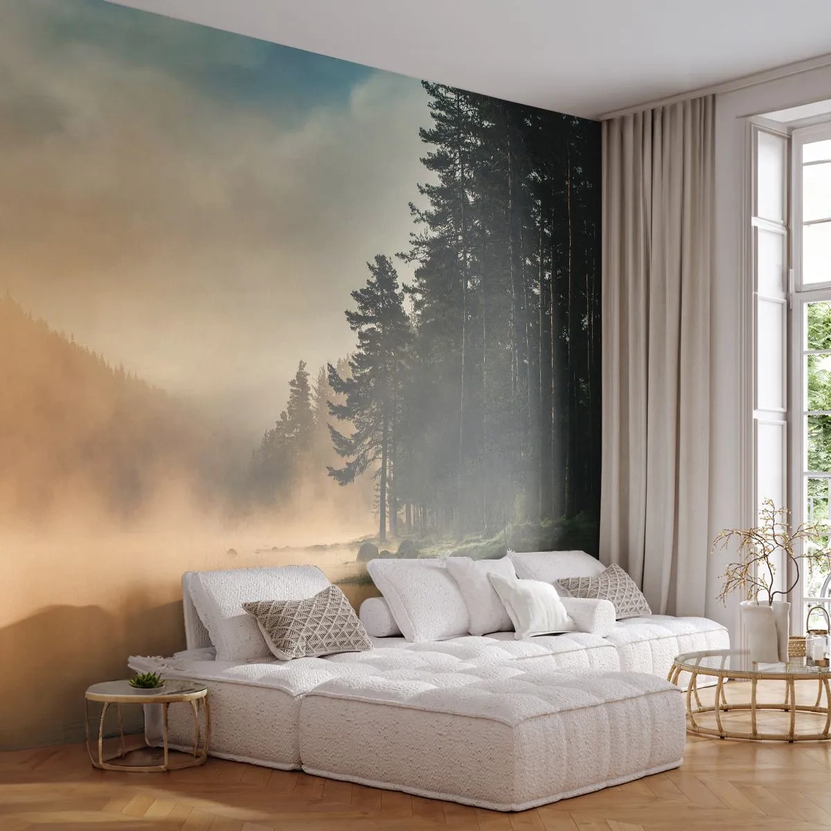 Tapet Standard Eco - Pădure cețoasă lângă lac la răsărit - 100x70cm - Nașterea unei zile - Decorațiune modernă pentru perete pentru living și dormitor ARTTOR
