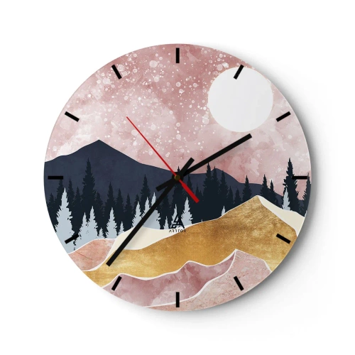 Ceas de perete - Ceas pe sticlă - Peisaj montan artistic în culori pastelate, cu o pădure și lună. - 30x30cm - Garda de noapte - Decorațiune modernă pentru perete pentru living, bucătărie și dormitor ARTTOR