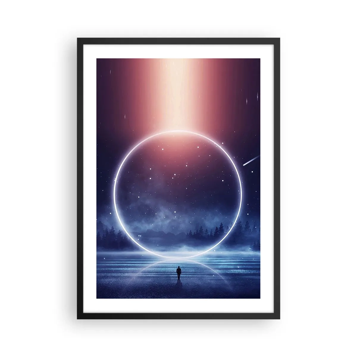 Poster în ramă neagră - Silueta unei persoane într-un cerc de lumină pe un fundal de stele - 50x70cm - Ei sunt deja aici... - Decorațiune modernă pentru perete pentru living și dormitor ARTTOR