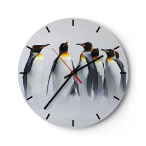 Ceas de perete - Ceas pe sticlă - Un grup de pinguini pe fundalul ceții - 30x30cm - Întâlnire în rochie de seară - Decorațiune modernă pentru perete pentru living, bucătărie și dormitor ARTTOR