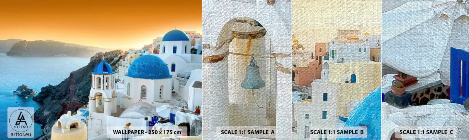 Mostră tapet Premium Canvas - Santorini - îmbrățișat de stânci - Peisaj, Grecia, Santorini - 100x30 cm