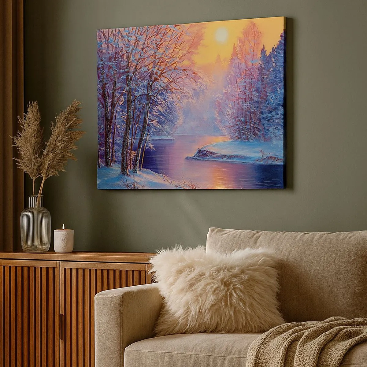 Tablou pe pânză Canvas - Peisaj de iarnă cu râu și copaci la răsărit - 70x50cm - Culorile iernii - Decorațiune modernă pentru perete pentru living și dormitor ARTTOR