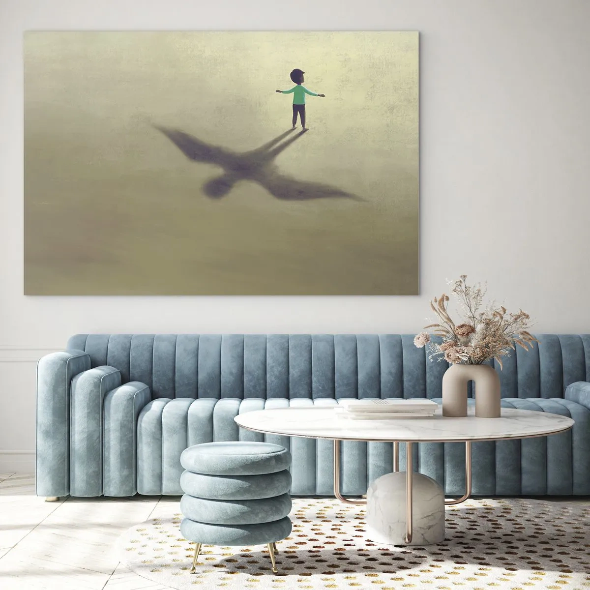 Tablou pe sticlă - Un băiat cu o umbră în formă de pasăre pe un fundal bej - 70x50cm - Eroul viitorului - Decorațiune modernă pentru perete pentru living și dormitor ARTTOR